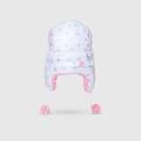The Cozy Trapper Hat – Hearts Print with Cosmos Pink Sherpa Liner & Pompoms