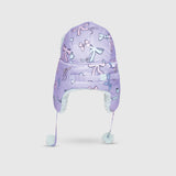 The Cozy Trapper Hat – Bows Print with Pale Aqua Sherpa Liner & Pompoms
