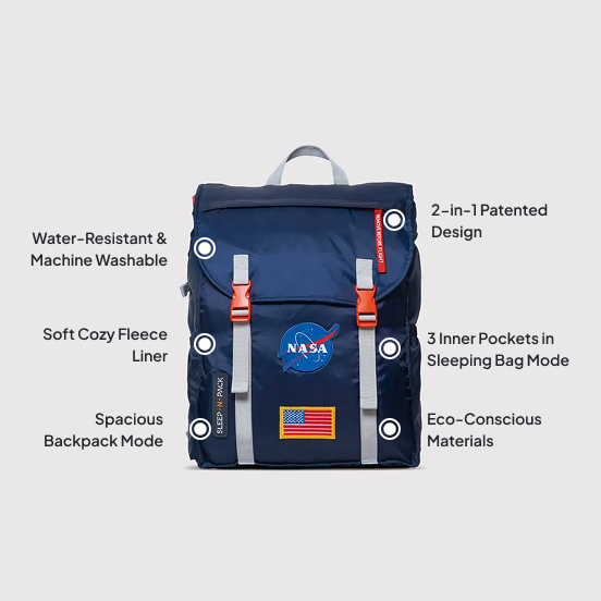 Sleep-N-Pack™ – Big Kid Size | NASA Official Logo & Patches | 2-in-1 Backpack & Sleeping Bag with Cozy Fleece Liner - NAVY