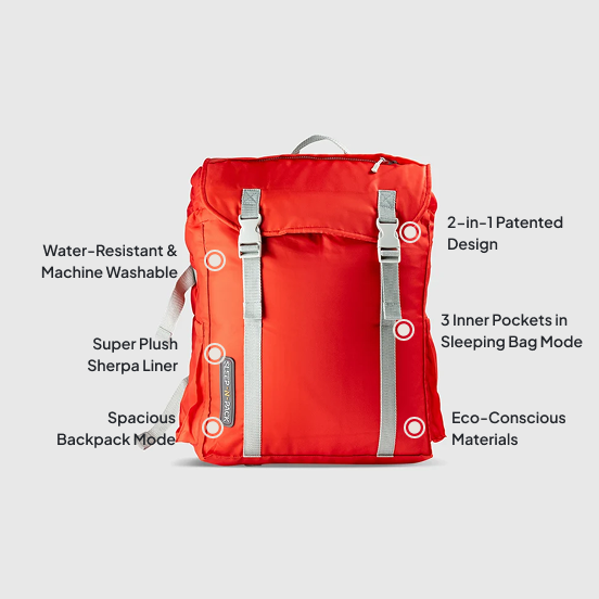 Sleep-n-pack: Packable Sleeping Bag, Big Kid 7-12+ yrs - Fiery Red/Grey Sherpa