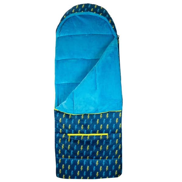 Sleep-n-Pack, Packable Kid's Sleeping Bag & Backpack, Outdoor Rated, 7-12 Yrs, Lightning Bolts, Cozy Fleece Lined