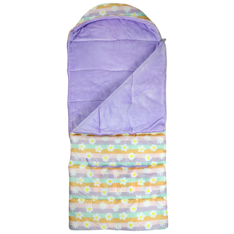 Sleep-n-Pack, Packable Kid's Sleeping Bag & Backpack, Outdoor Rated, 7-12 Yrs, Happy Daisy Stripes, Cozy Fleece Lined