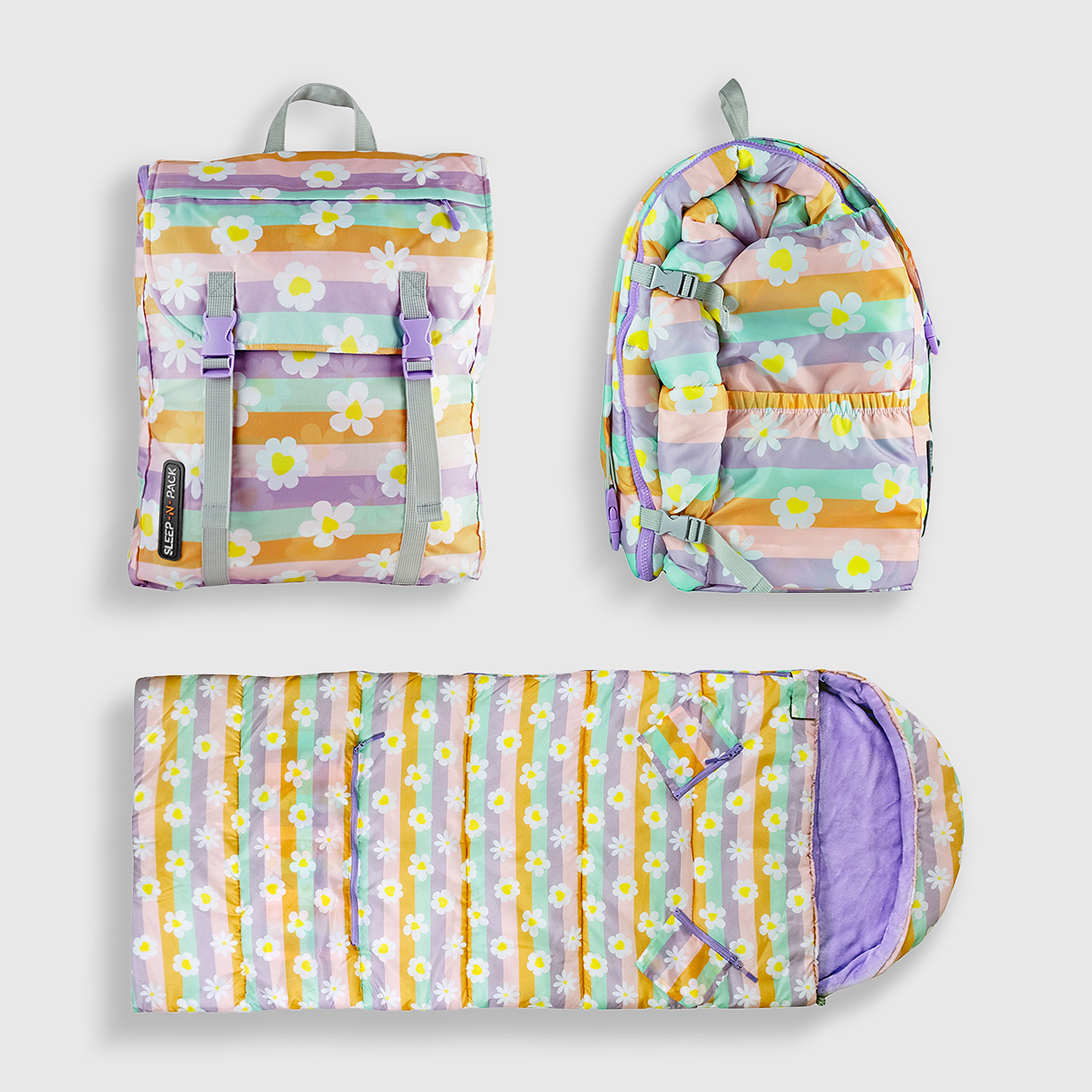 Sleep-n-pack: Packable Sleeping Bag, Big Kid 7-12+ yrs  - Happy Daisy Stripes