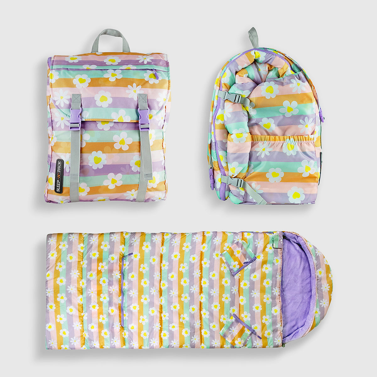 Sleep-n-pack: Packable Sleeping Bag, Big Kid 7-12+ yrs  - Happy Daisy Stripes
