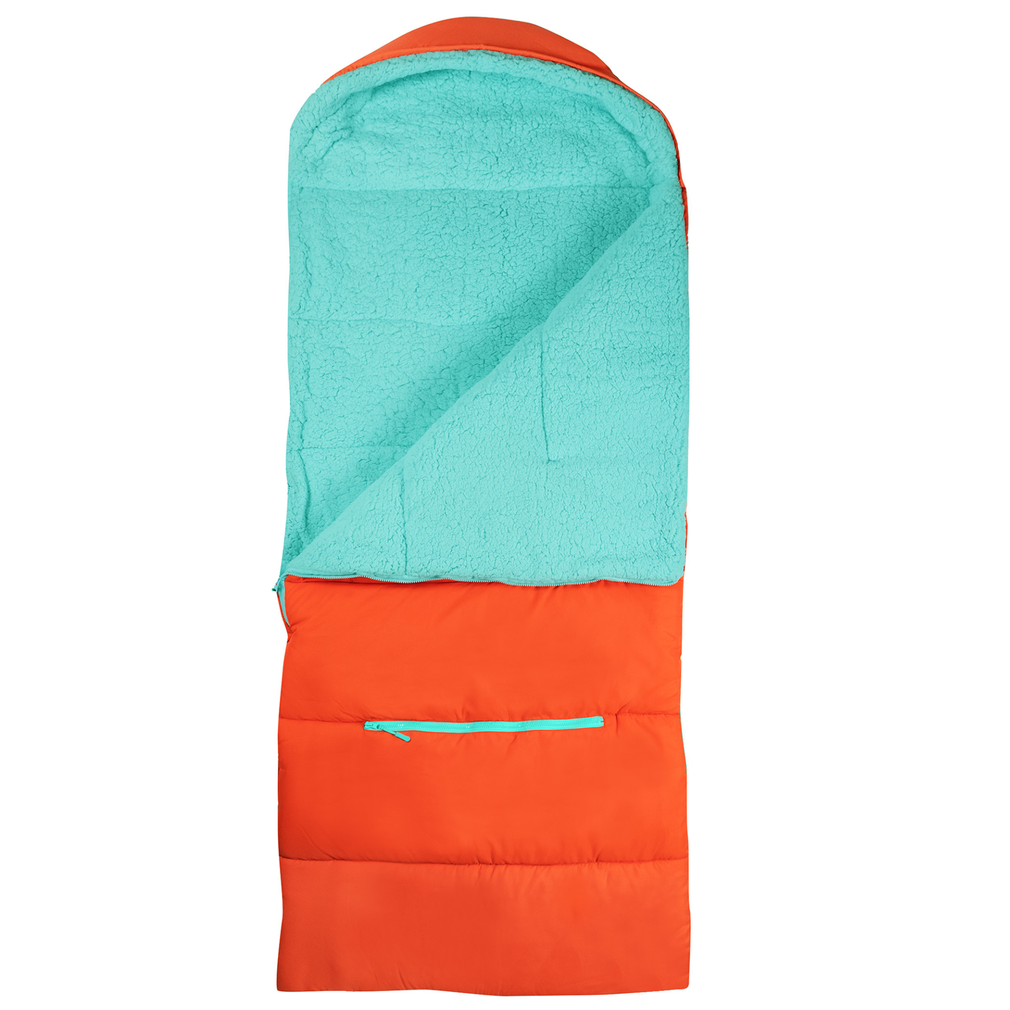 Sleep-n-pack: Packable Sleeping Bag, Big Kid 7-12+ yrs - Orange Oasis/Turquoise Sherpa