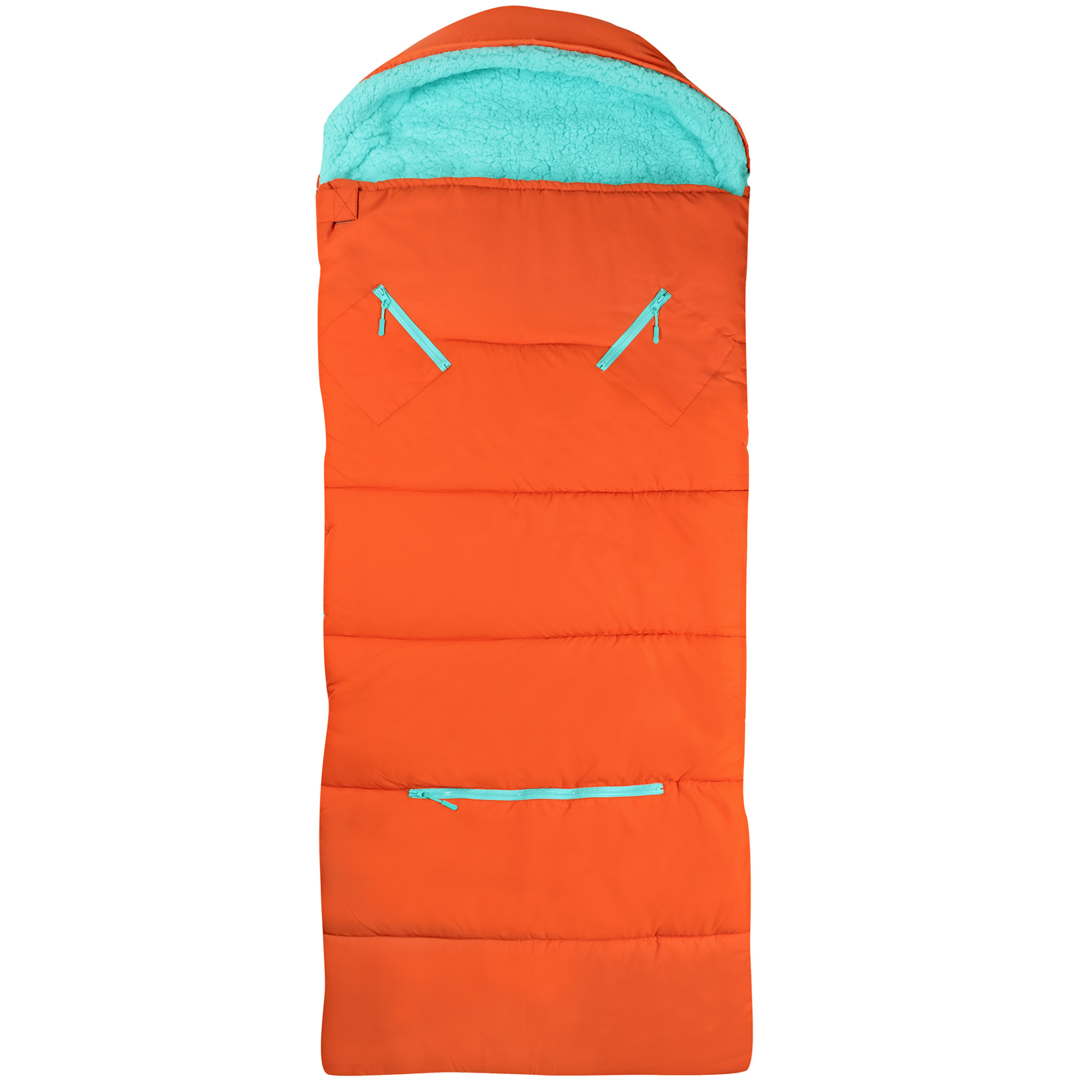 Sleep-n-pack: Packable Sleeping Bag, Big Kid 7-12+ yrs - Orange Oasis/Turquoise Sherpa