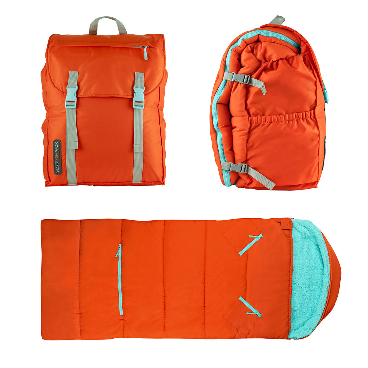 Sleep-n-pack: Packable Sleeping Bag, Big Kid 7-12+ yrs - Orange Oasis/Turquoise Sherpa