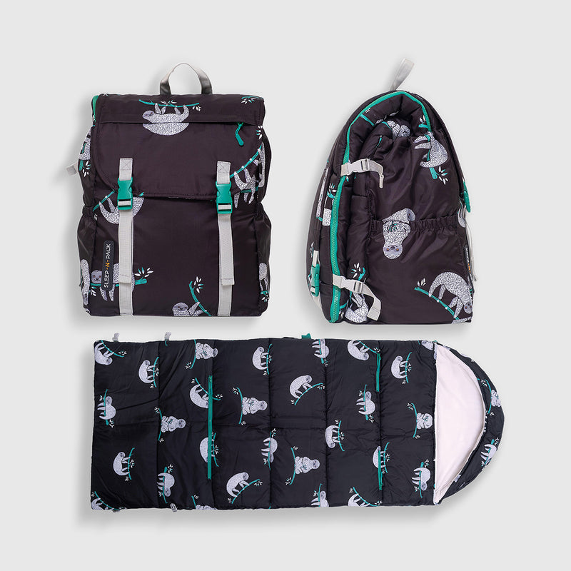 Sleep-N-Pack™ Big Kid Sleeping Bag Backpack – Lounging Sloths in Black