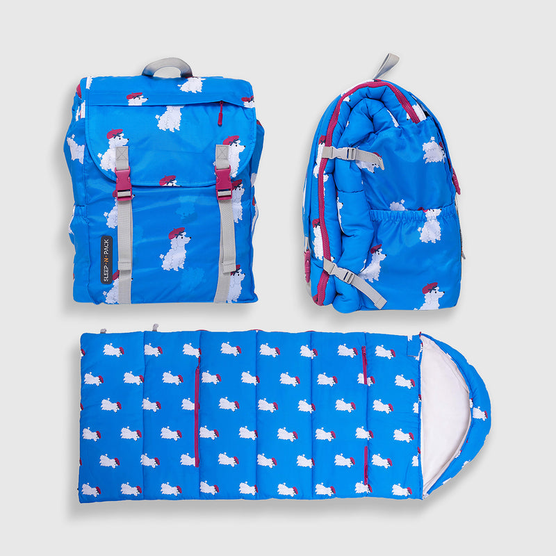 Sleep-N-Pack™ Big Kid Sleeping Bag Backpack – French Poodle Print in Brilliant Blue