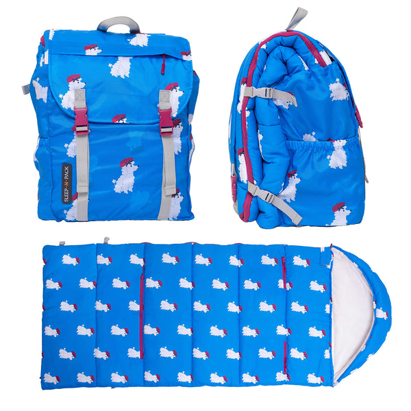 Sleep-N-Pack™ Big Kid Sleeping Bag Backpack – French Poodle Print in Brilliant Blue