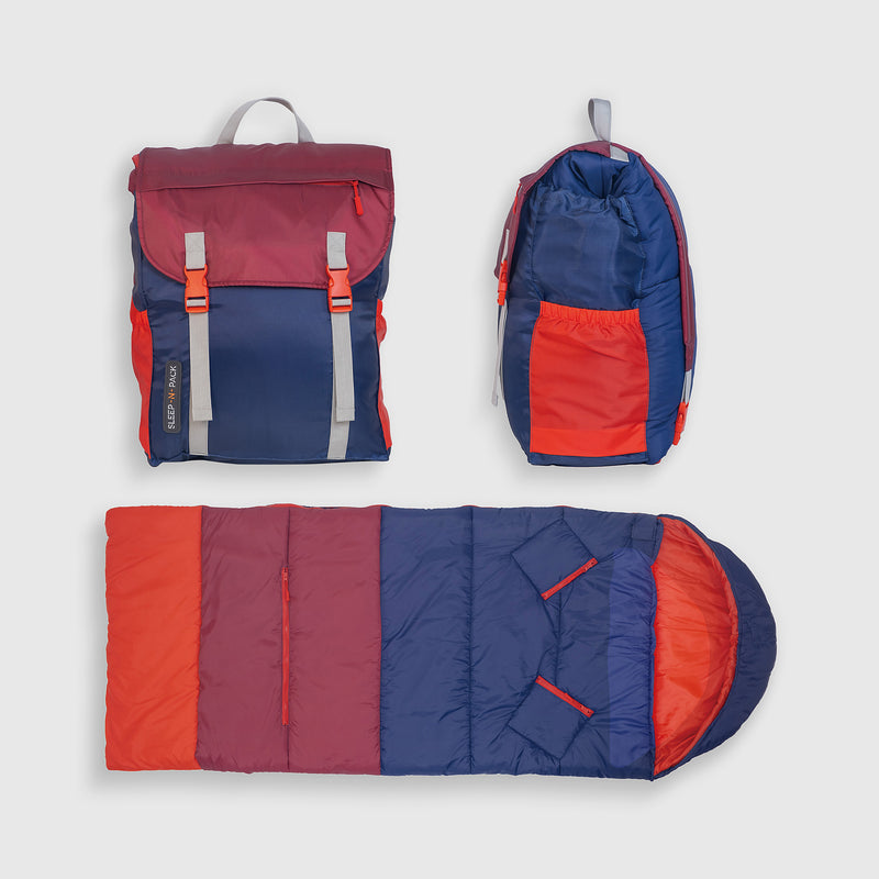 Sleep-N-Pack™ – Big Kid Size | Color Block Camp Collection: Navy, Fiery Red & Mulberry