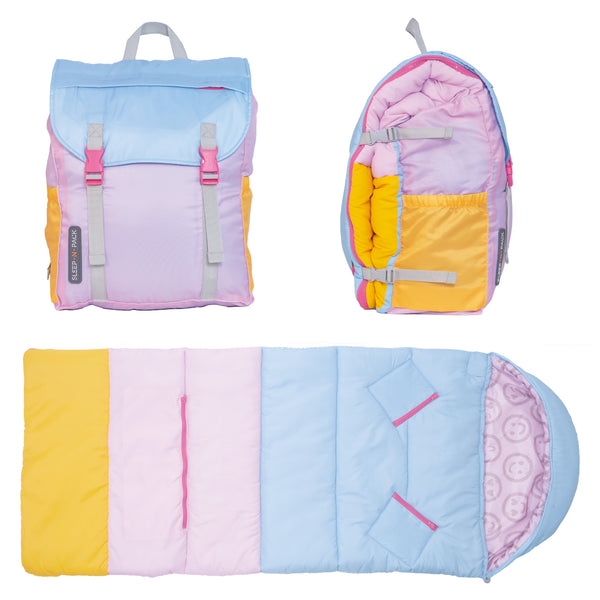 Sleep-N-Pack™ – Big Kid Size | Color Block Camp Collection: Pink Smile Face