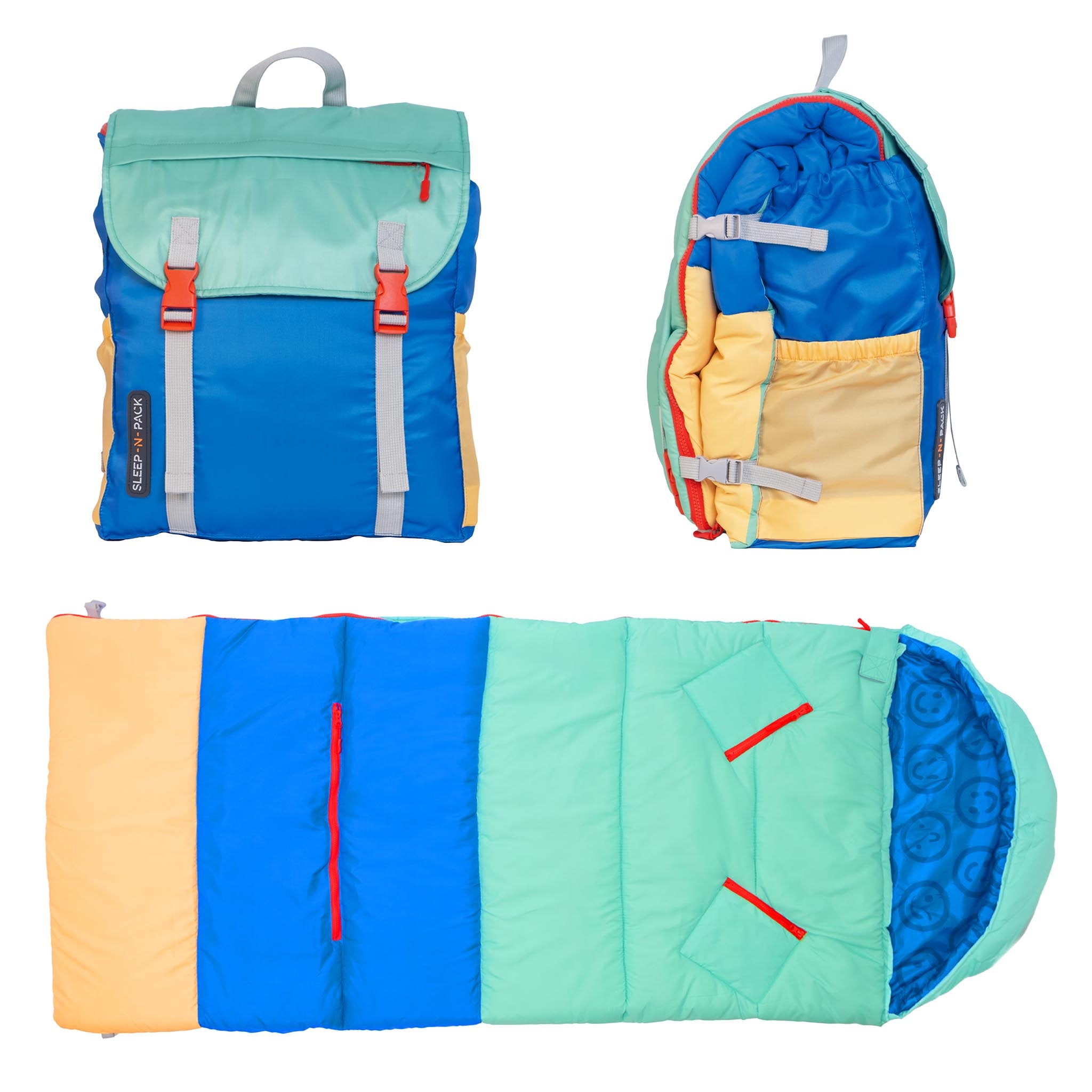 Sleep-N-Pack™ – Big Kid Size | Color Block Camp Collection: Blue Smile Face