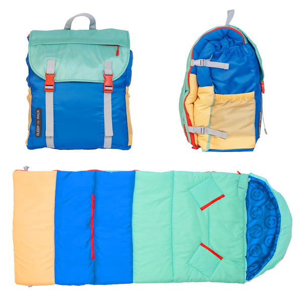 Sleep-N-Pack™ – Big Kid Size | Color Block Camp Collection: Blue Smile Face