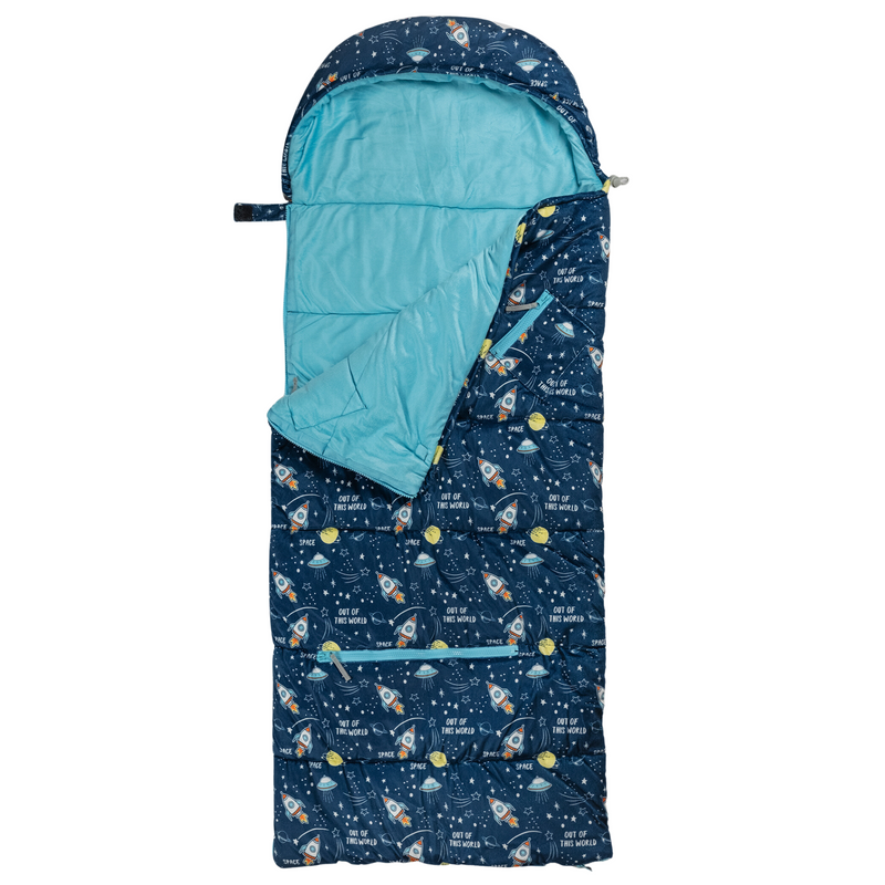 Sleep-n-Pack: Packable Little Kid's Sleeping Bag & Backpack, Cozy Mink, Space & Rockets