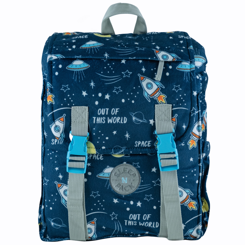 Sleep-n-Pack: Packable Little Kid's Sleeping Bag & Backpack, Cozy Mink, Space & Rockets