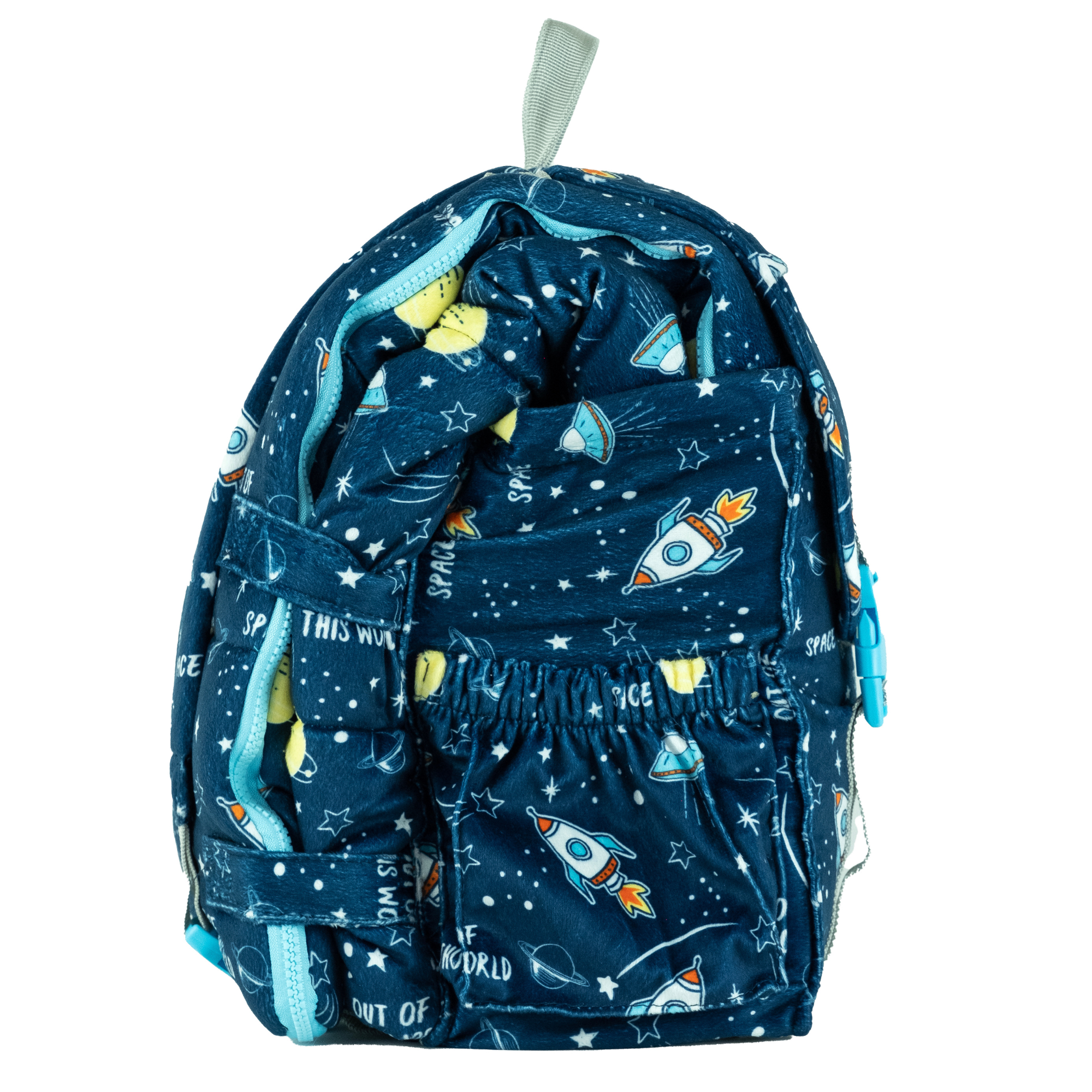 Sleep-n-Pack: Packable Little Kid's Sleeping Bag & Backpack, Cozy Mink, Space & Rockets