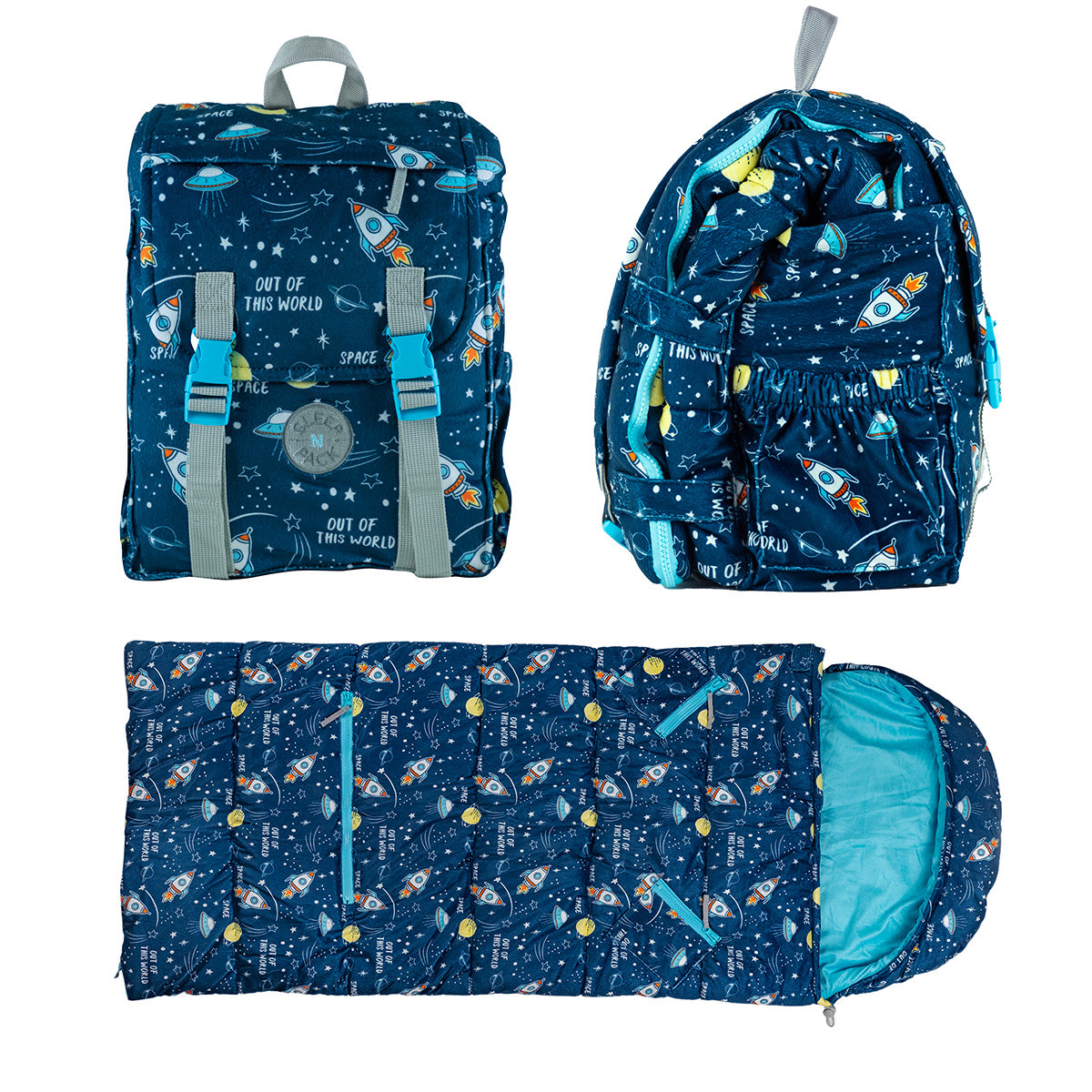 Sleep N PACK Kids Space THEME Sleeping Bag THAT Transforms TO Backpack 50 INCH X 20 INCH New