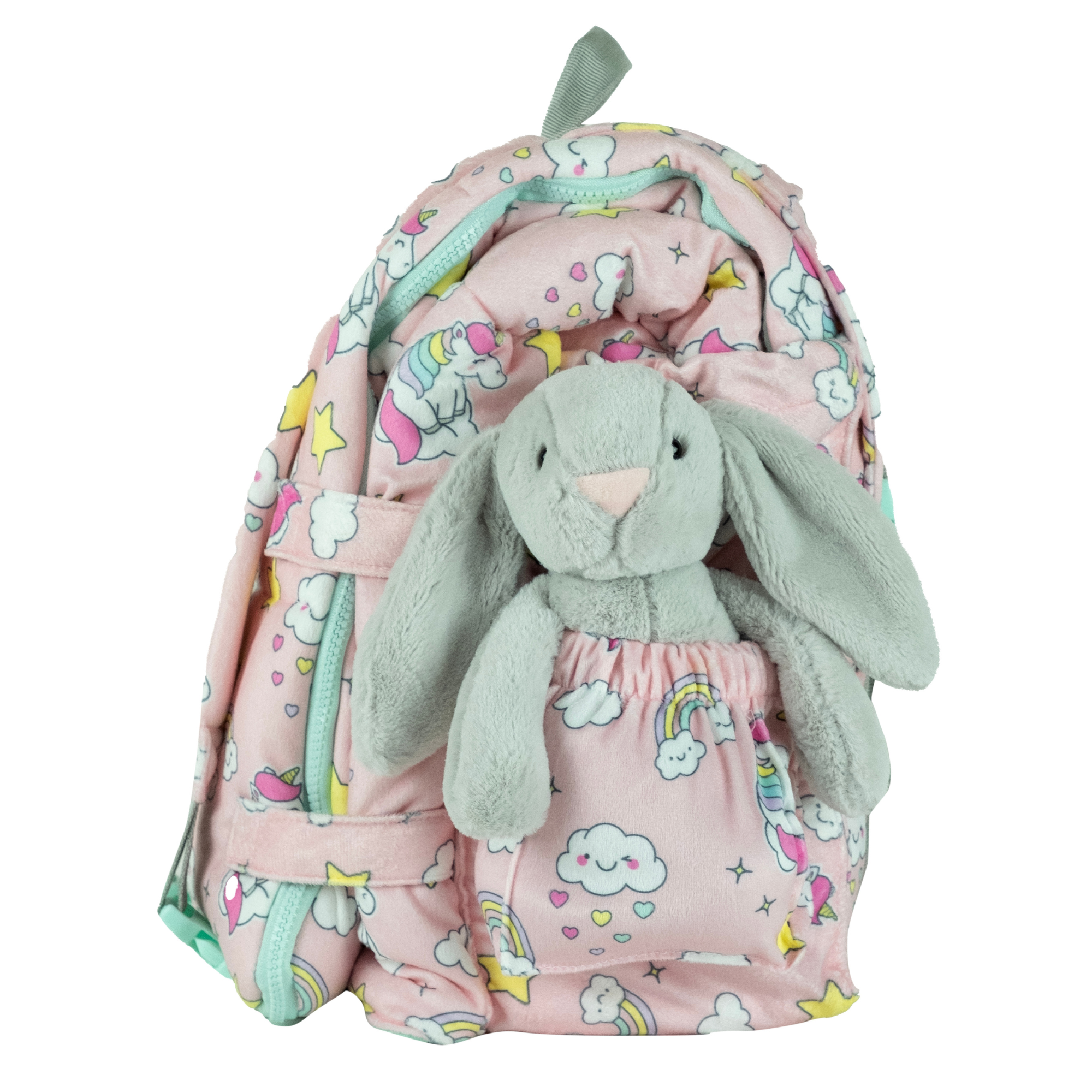 Sleep-n-Pack: Packable Little Kid's Sleeping Bag & Backpack, Cozy Mink, Unicorns