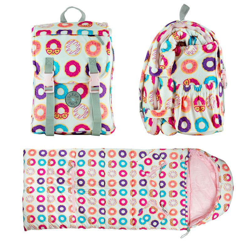 Sleep-n-Pack: Packable Little Kid's Sleeping Bag & Backpack, Cozy Mink, Donuts