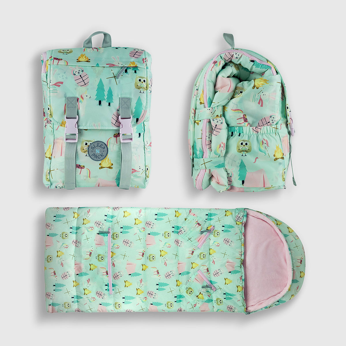 Sleep-N-Pack: Packable Sleeping Bag, Little Kid 3-6 yrs - Camping Animals