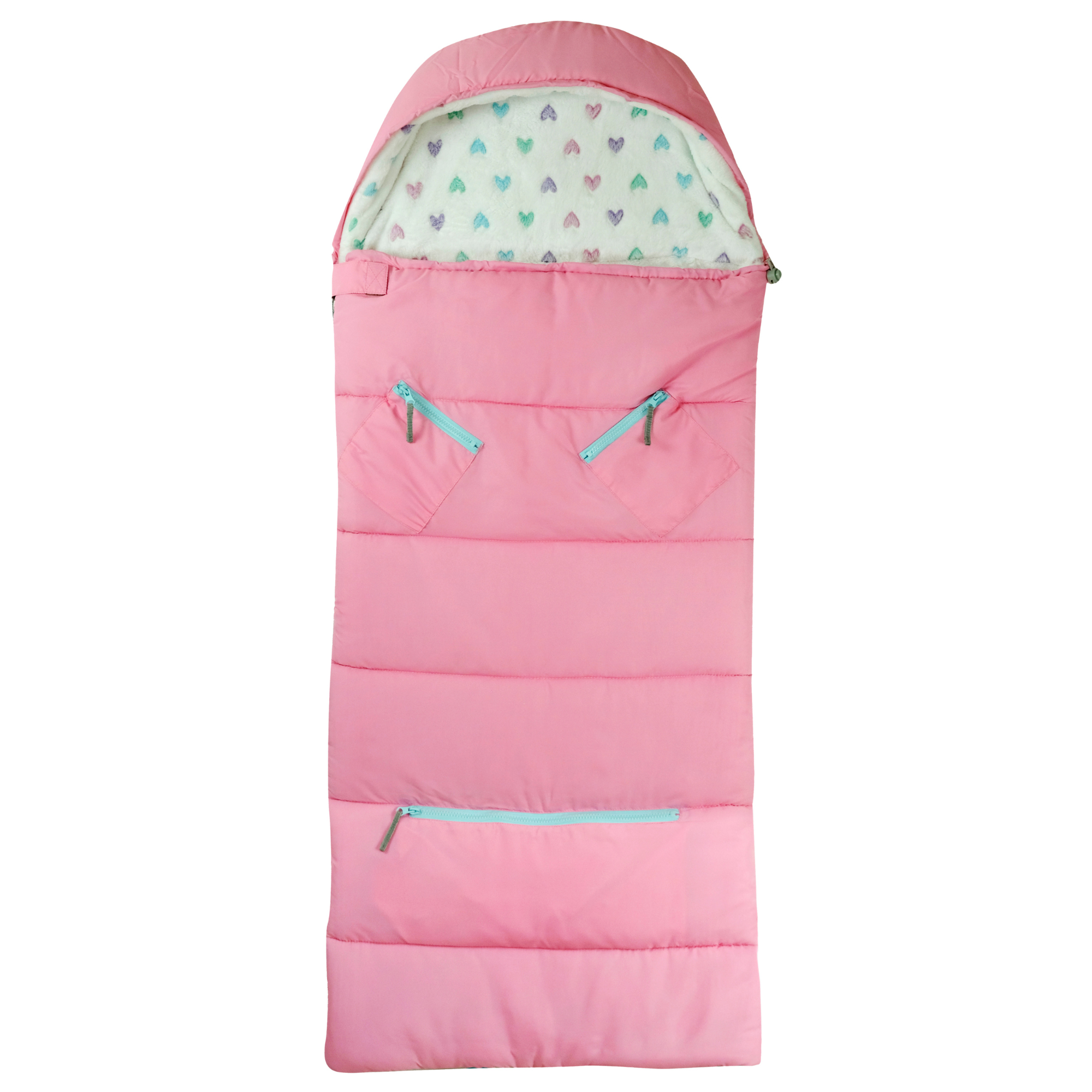Sleep-N-Pack: Packable Sleeping Bag, Little Kid 3-6 yrs - Cosmos Pink/Glow-In-The-Dark Hearts