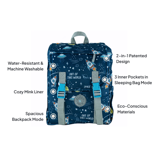Sleep-n-Pack: Packable Little Kid's Sleeping Bag & Backpack, Cozy Mink, Space & Rockets