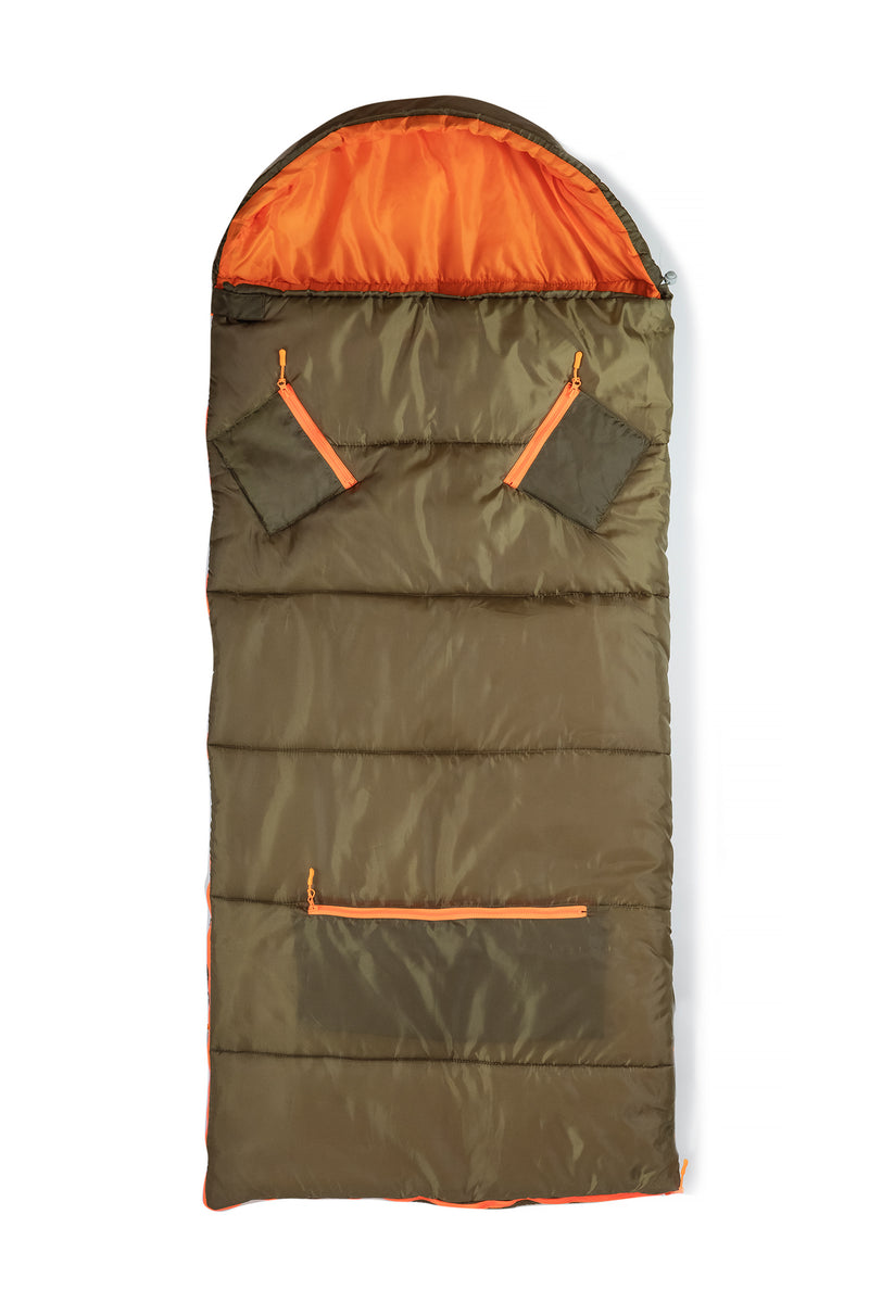 Sleep-n-pack: Kid's Sleeping Bag Backpack, Outdoor Rated, Olive Green/Bright Orange